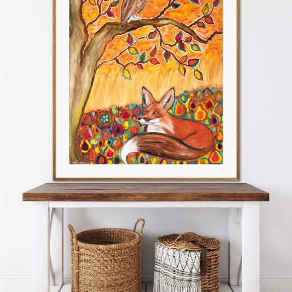 Fox Owl Autumn Ambience Art Print Oil Painting fall leaves tree animal whimsical - Picture 5 of 10